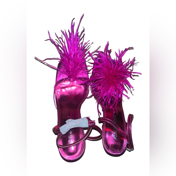 Hot Pink Fluffy Feather Ankle Straps Heels - Picture 2 of 5